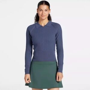 CALIA Women’s Blue-Gray Long Sleeve Golf Polo Ribbed Sweater, Size Large